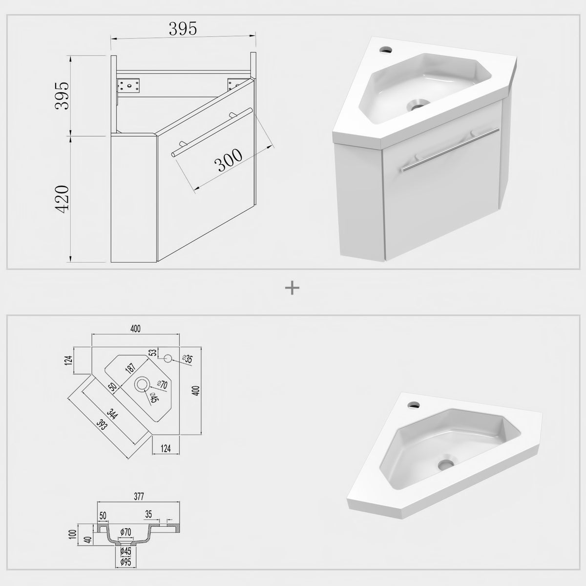 Mobile bagno triangolare sospeso Aica 40 cm con lavabo in pietra artif –  AICA ITALY S.R.L.