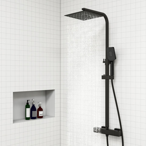 AICA Colonna doccia con miscelatore termostatico, rubinetto doccia 29x4.5cm, soffione doccia quadrato 25x25cm in acciaio inox cromato o Nero opaco