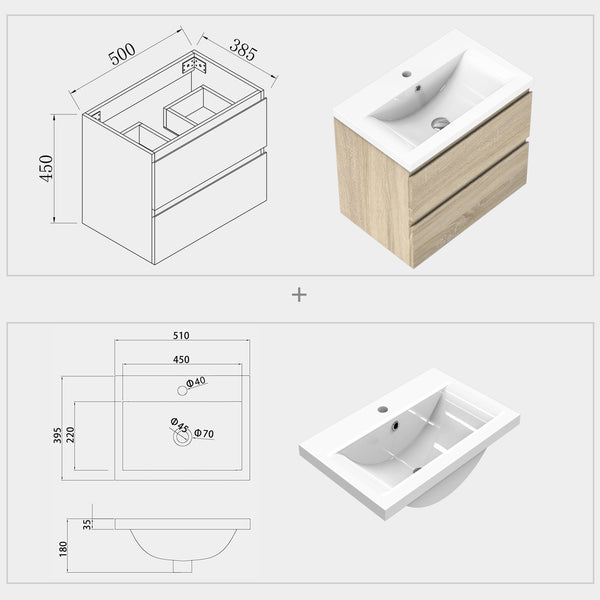 Aica salvaspazio Mobile Bagno 60 cm, con lavabo in Ceramica e 2